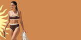 Woman in a brown bikini holding a white towel against an orange background