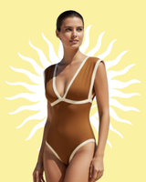 Front view of a brown one-piece swimsuit with cream trim against a yellow background