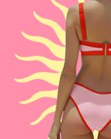 Back view of a pink bikini with red trim against a pink background