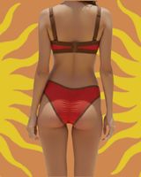Back view of a red bikini bottom with brown trim against a yellow background