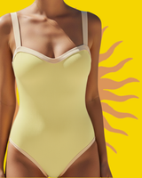 Front view of a yellow one-piece swimsuit with cream trim against a yellow background